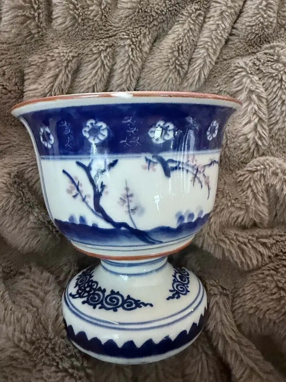 Vintage Blue and White Porcelain Footed Cachepot Planter Pagoda Landscape 5